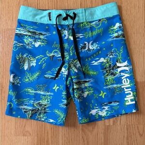 Hurley Kids' Aqua and Blue Graphic Swim Trunks size 5